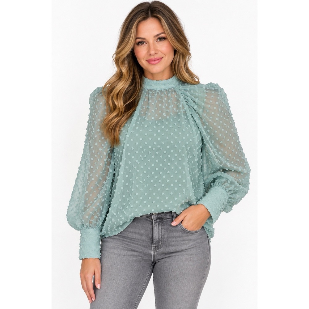 ZARA Women's Sage Green Swiss Dot Sheer Blouse Puff Sleeve High Neck Top
